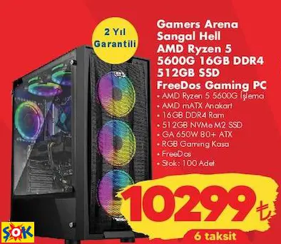 GAMERS ARENA SANGAL HELL AMD RYZEN 5 5600G 16GB DDR4 512GB SSD FREEDOS GAMİNG PC/OYUN BİLGİSAYARI